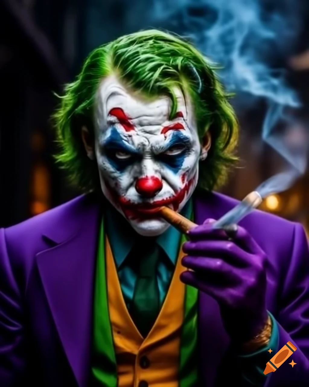 Dark Knight Joker with cigar in vivid HDR CGI, showcasing ultra-realistic 8K graphics