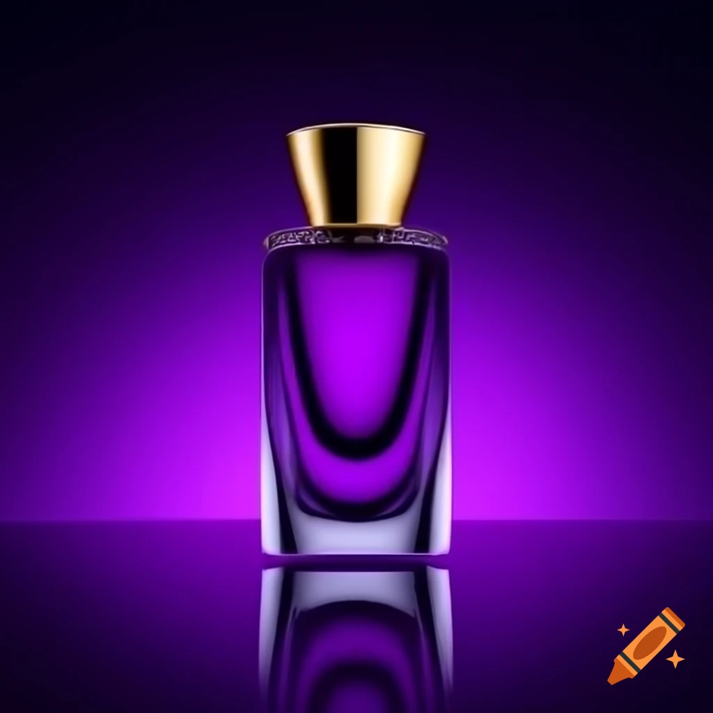 Luxurious perfume bottle with deep purple liquid and gold collar details