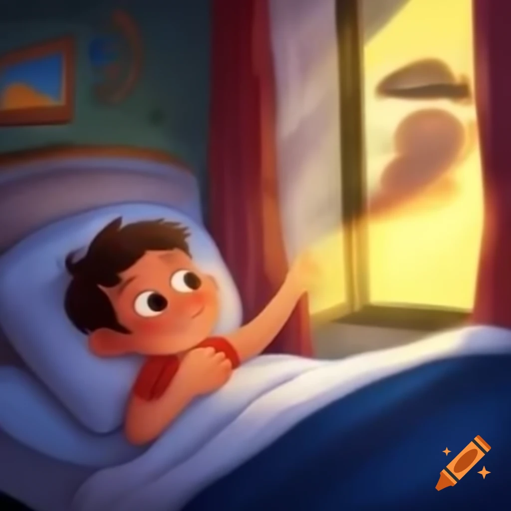 Realistic boy waking up in morning sunlight by window