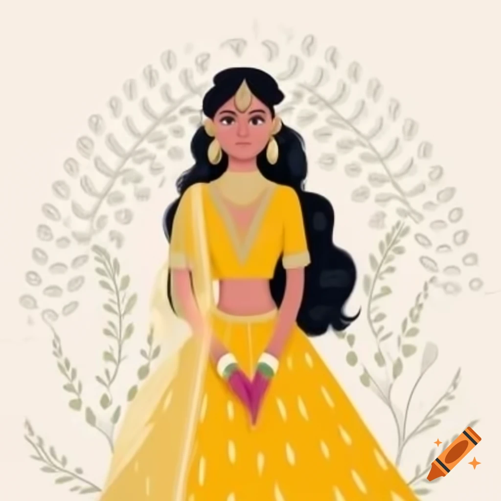 Haldi bride with curly hair in yellow lehenga and floral jewelry on white background