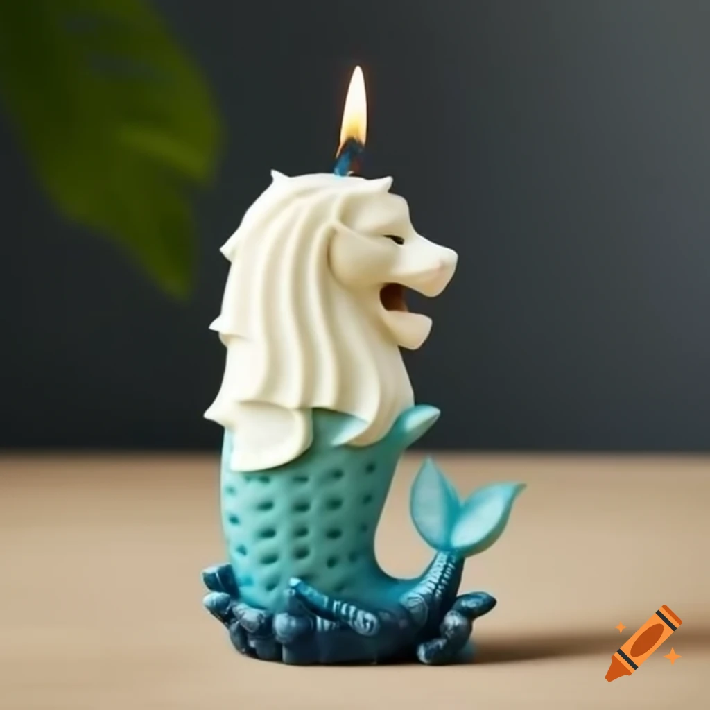 Merlion-shaped candle with tail as holder