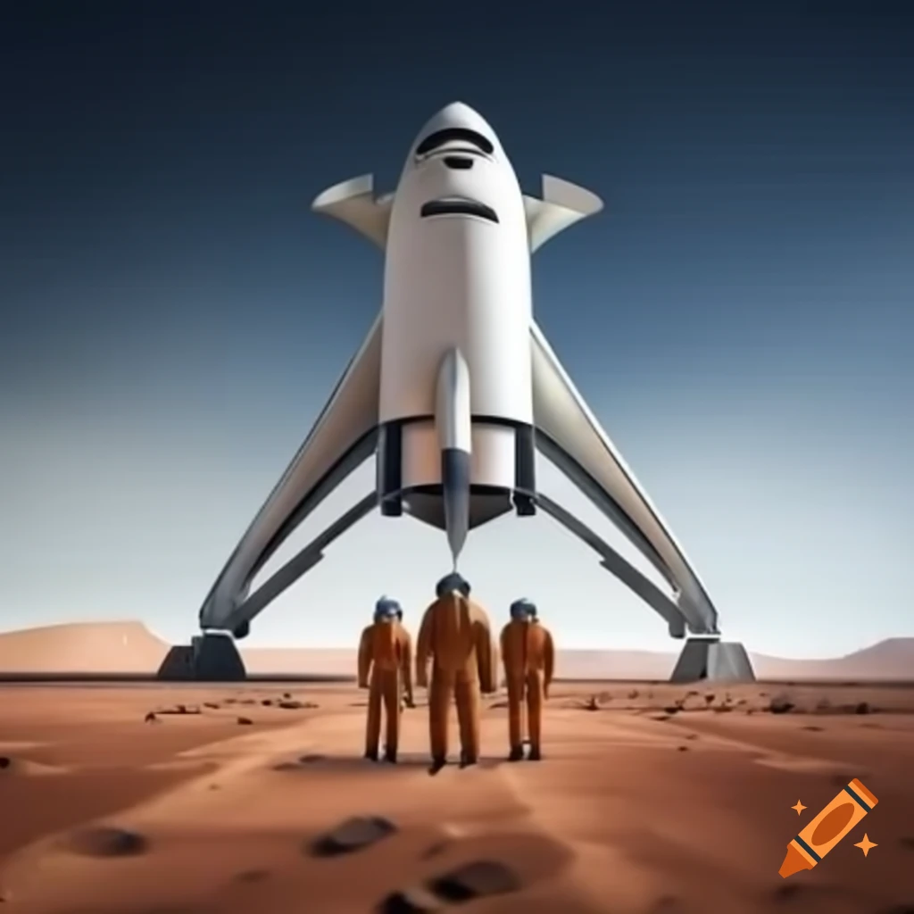 Two astronauts in front of SpaceX spaceship on Mars