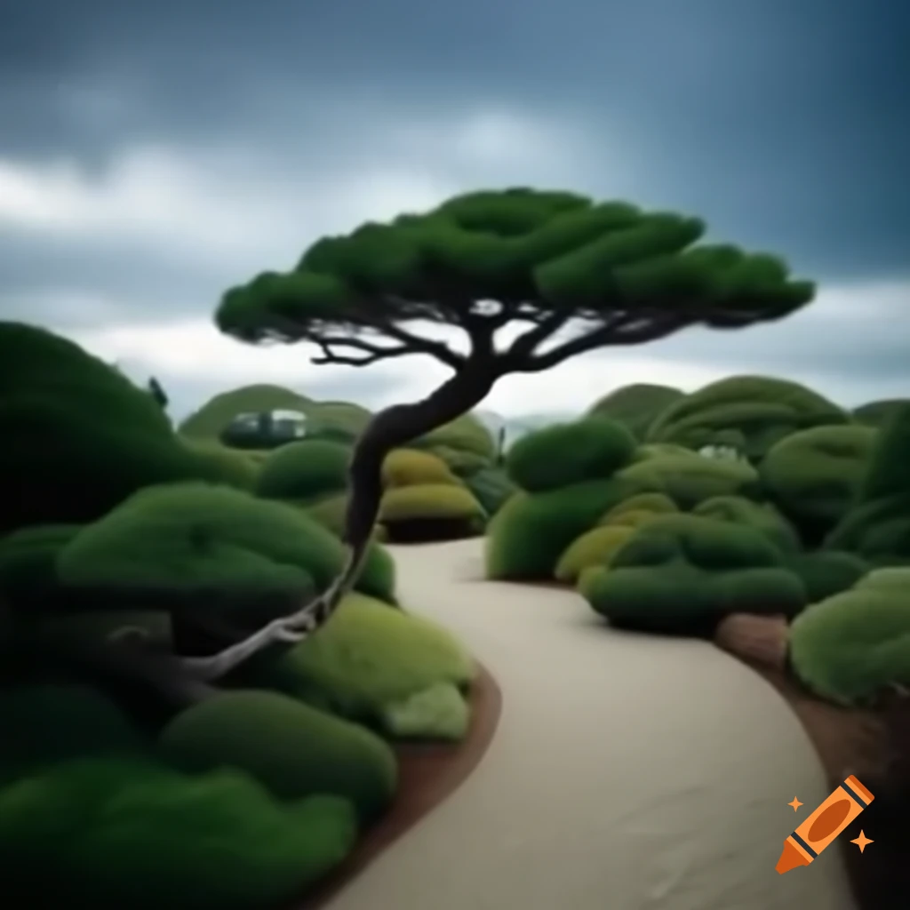 Gravel garden path featuring large bonsai pine