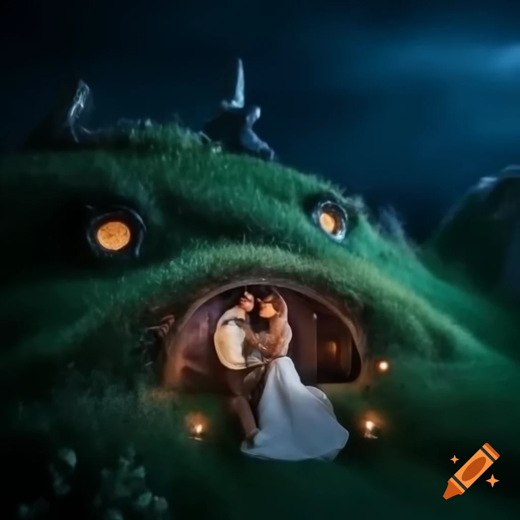 Wedding in Hobbiton at night with ambient lighting and cozy atmosphere