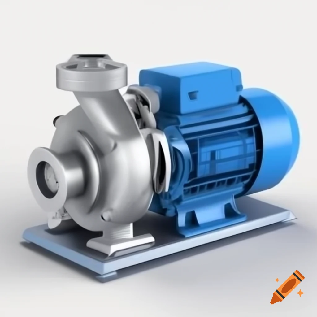 3D rendering of industrial centrifugal pump with motor on base, realistic metallic texture