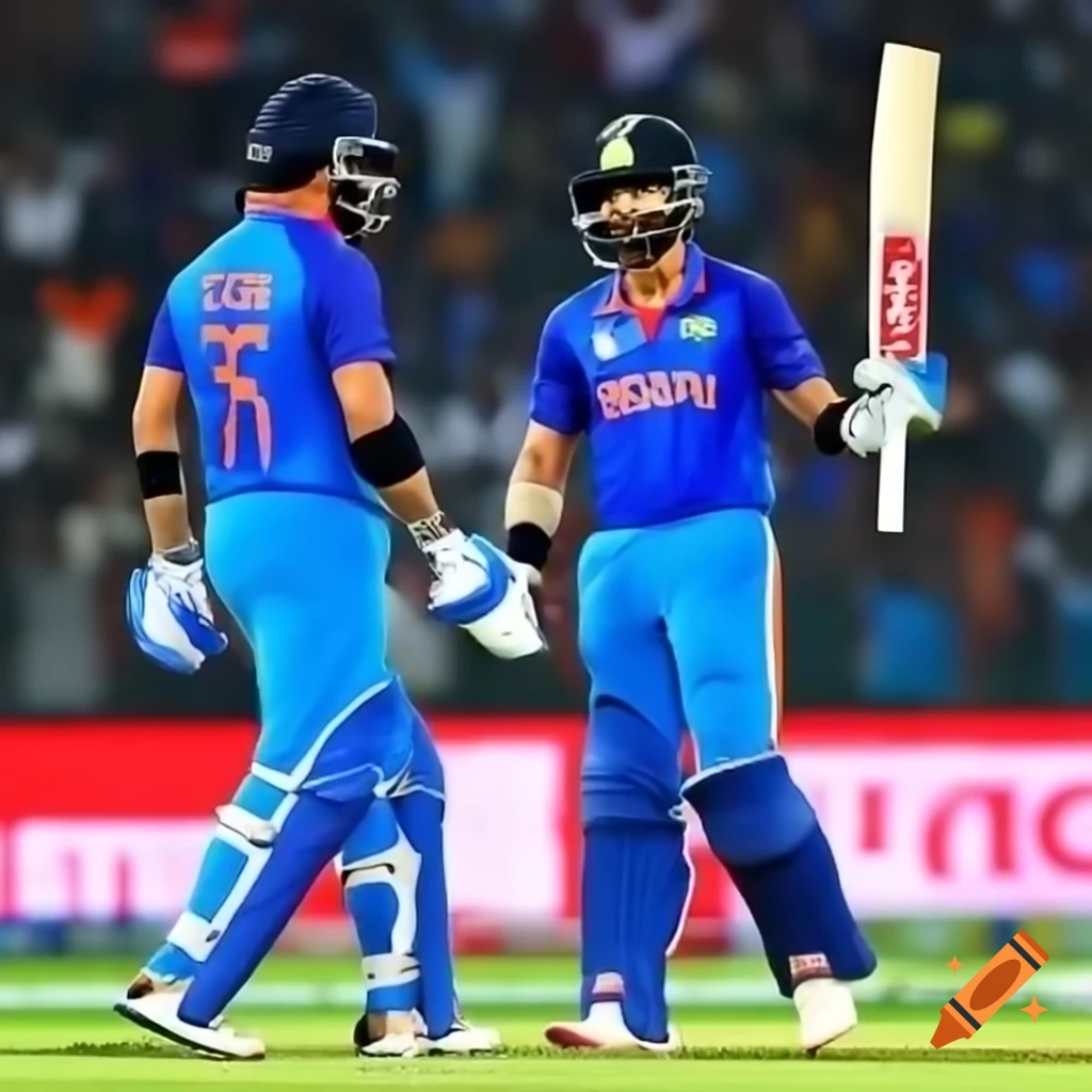 Two Indian cricketers in blue uniforms with red accents in action on green field