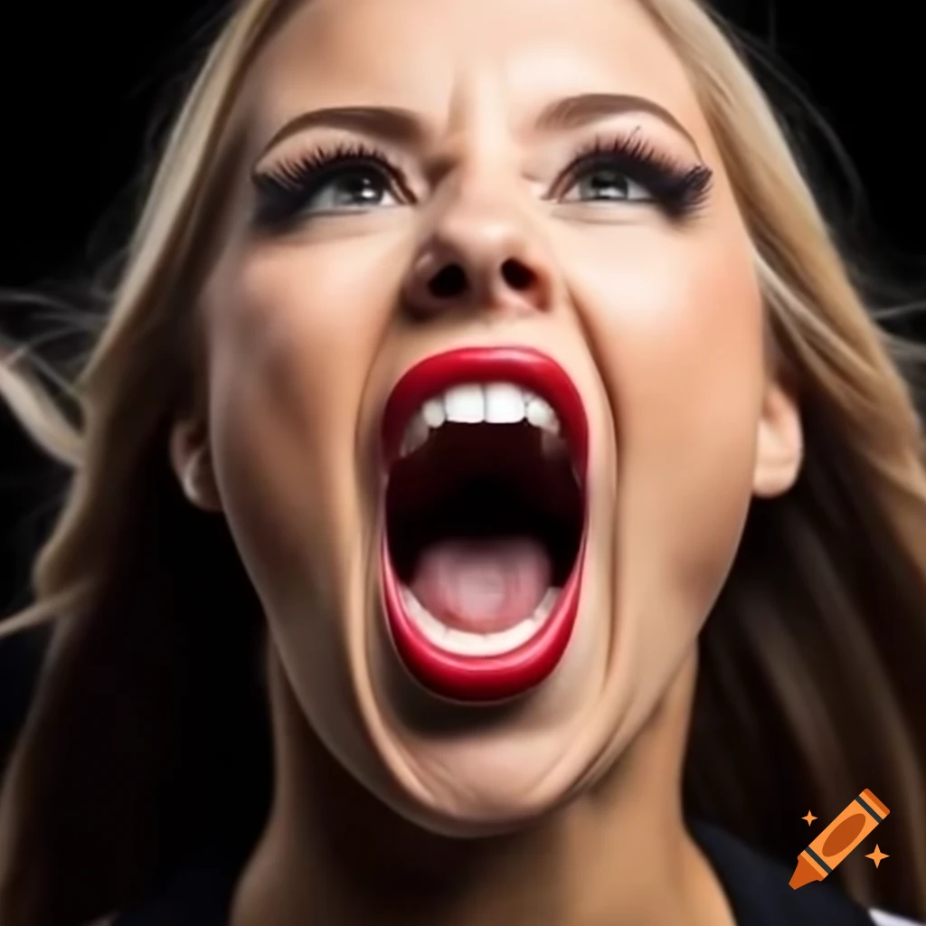 Close-up of professional sports cheerleader cheering with open mouth and direct eye contact