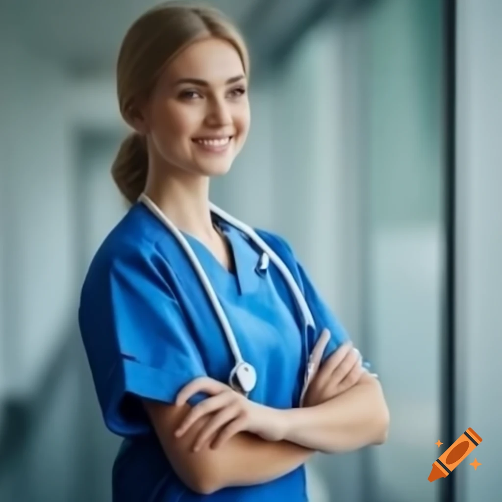Young Caucasian nurse in uniform smiling with arms crossed