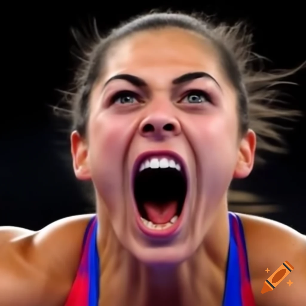 Close-up of Olympic athlete Jessica Ennis with mouth open, expressing emotion