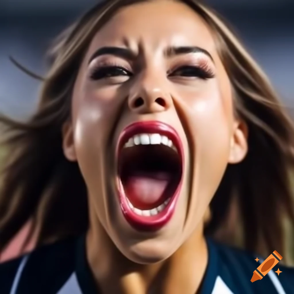 Close-up of professional sports cheerleader cheering with open mouth and direct eye contact