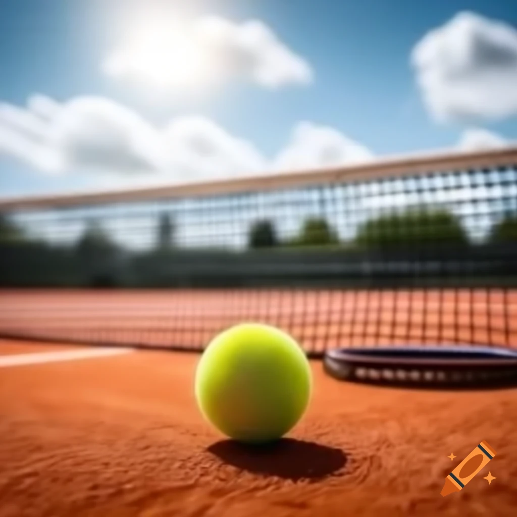 Tennis ball in front of net on sunny court with clouds