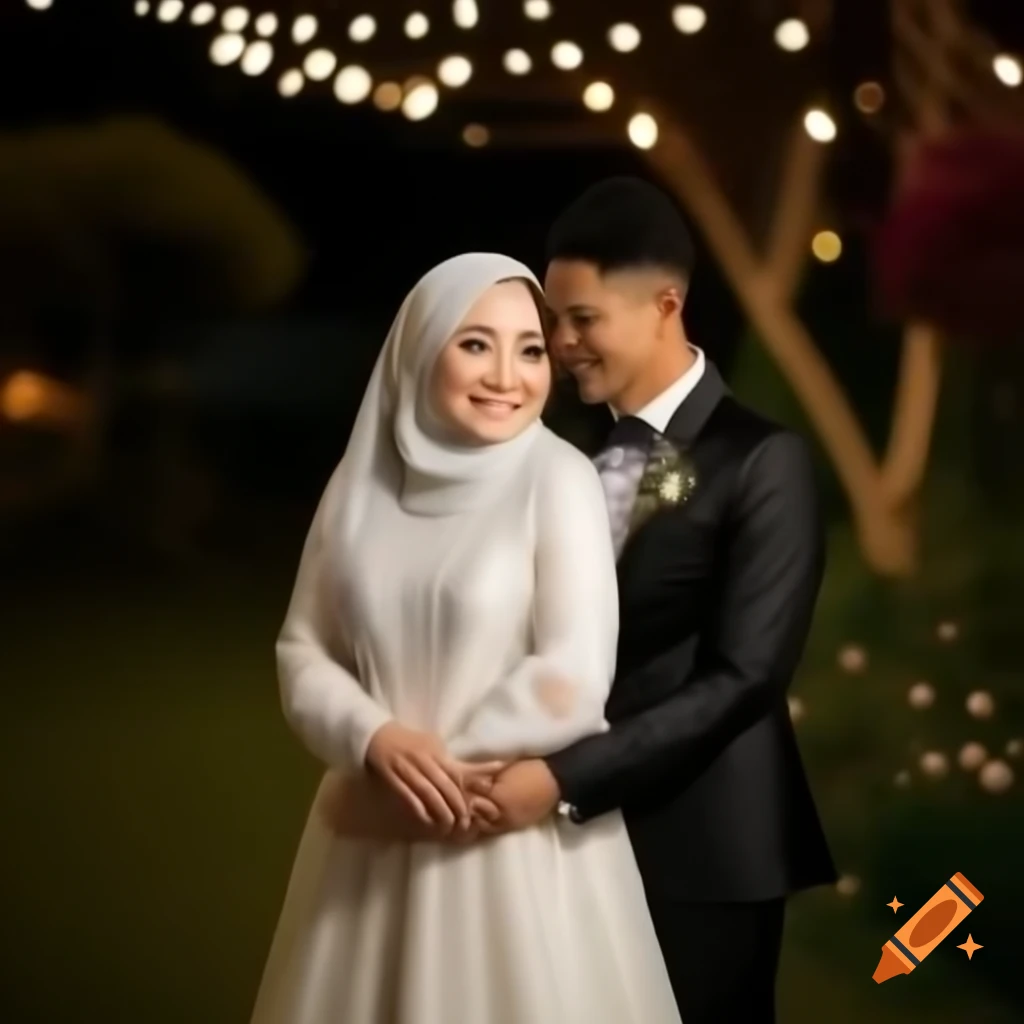 Nighttime outdoor wedding of Malaysian Malay couple with bride in pastel white gown