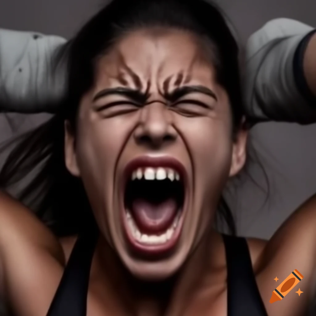Close-up of female athlete screaming with direct eye contact, black hair in ponytail