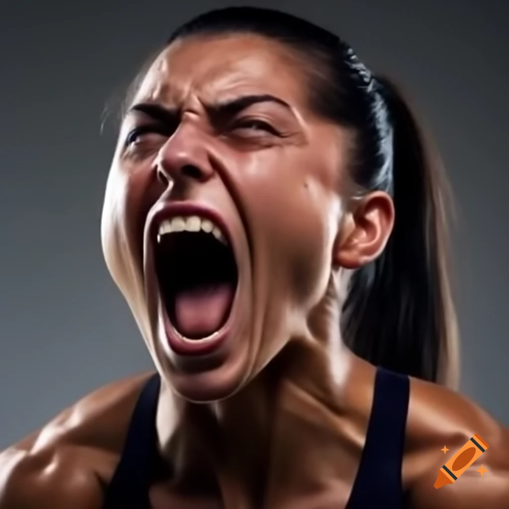 Close-up of female athlete screaming with direct eye contact, black hair in ponytail