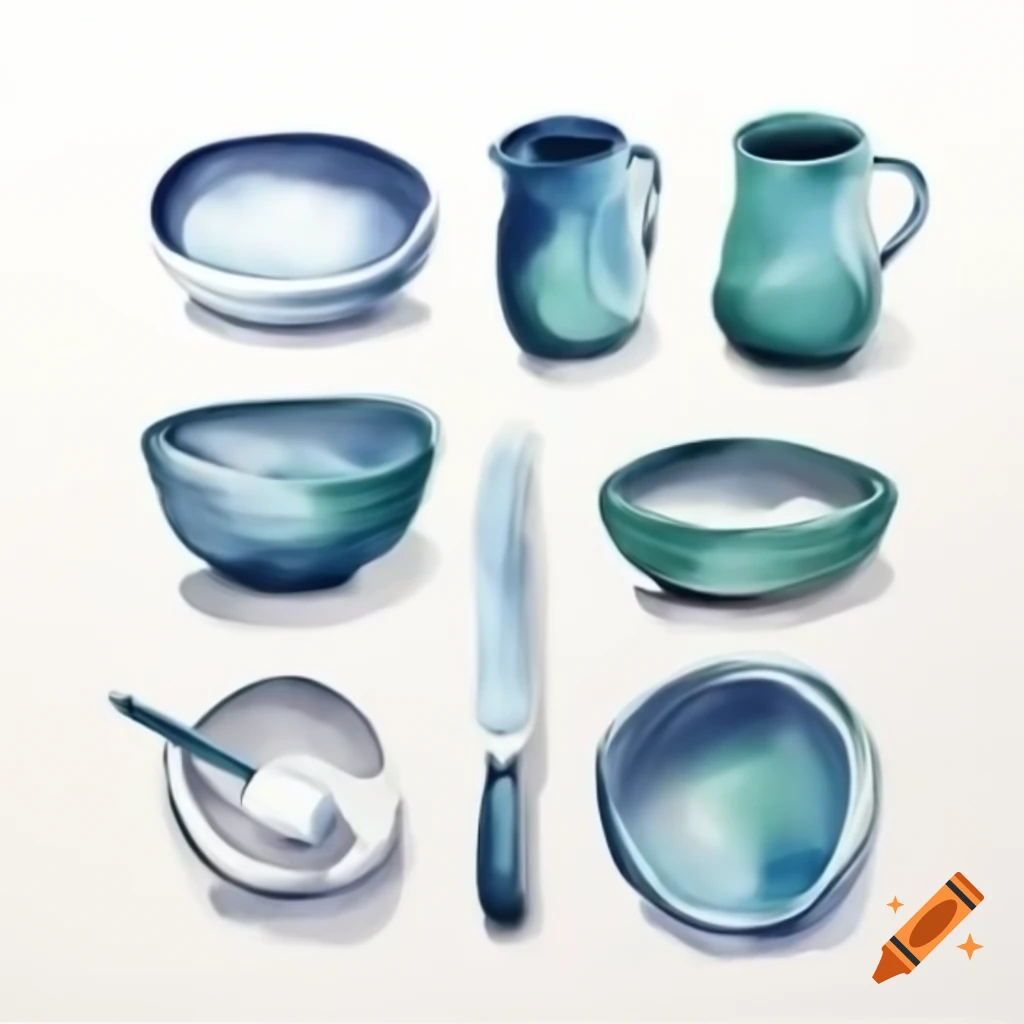 Set of ten watercolor-painted tableware items on white background