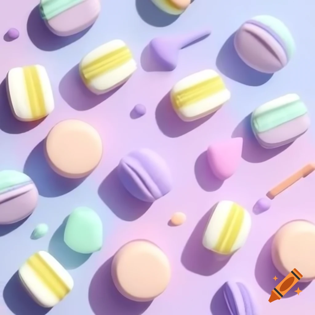 Pastel background with floating mini marshmallows in soft colors, top-down view