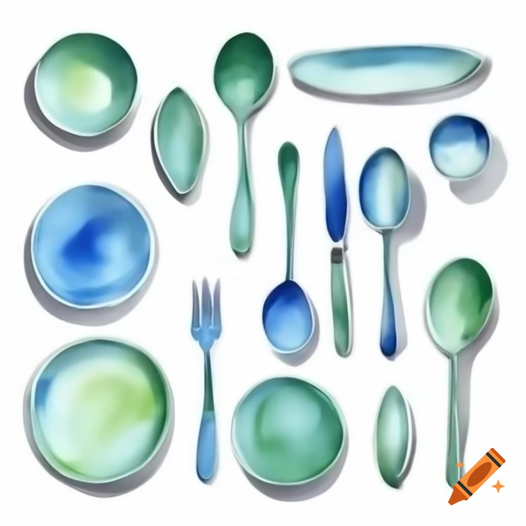 Set of ten watercolor-painted tableware items on white background