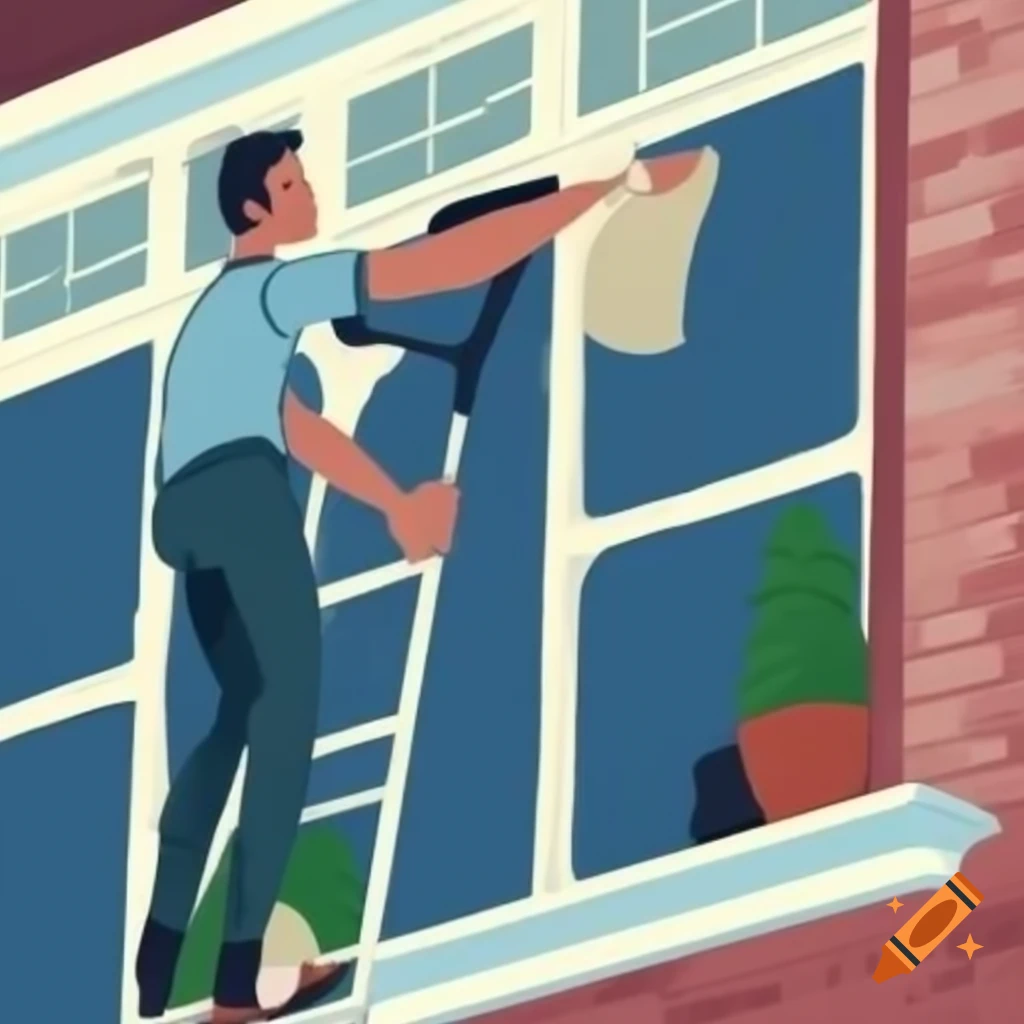 Man cleaning windows of a residential house