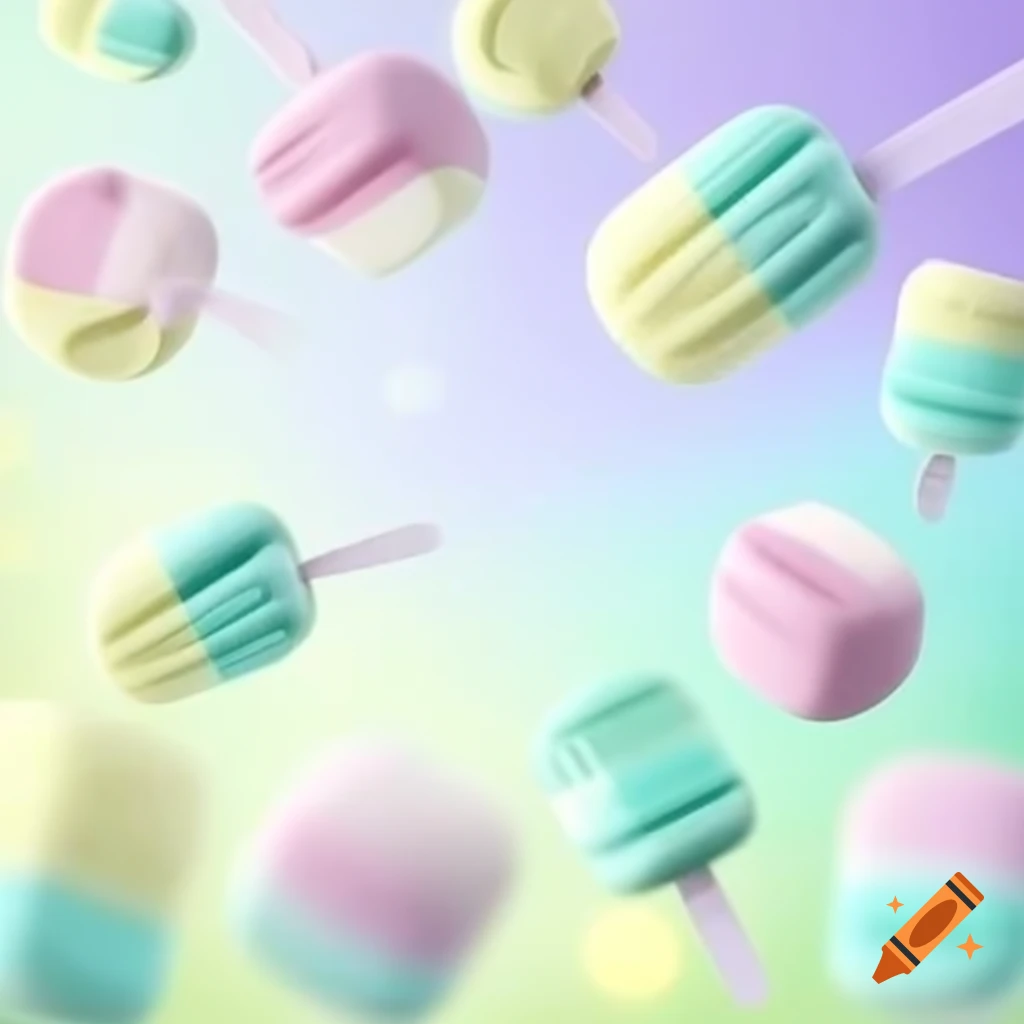 Pastel background with floating mini marshmallows in soft colors, top-down view