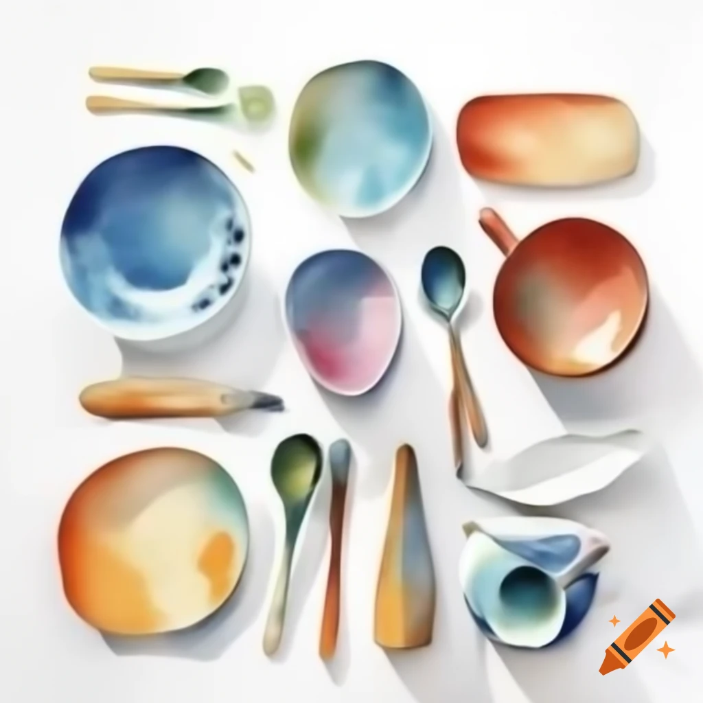 Set of ten watercolor-painted tableware items on white background