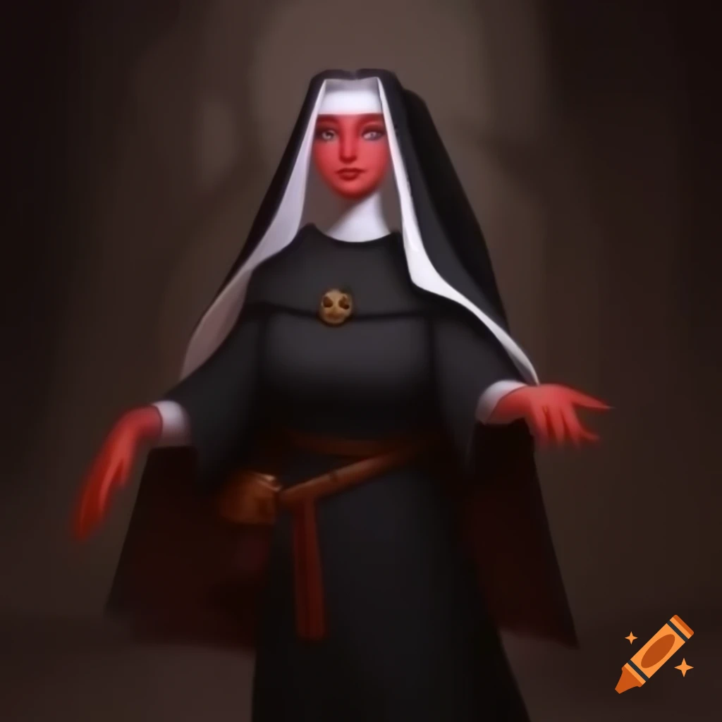 Tiefling cleric in nun-like habit in fantasy D&D setting