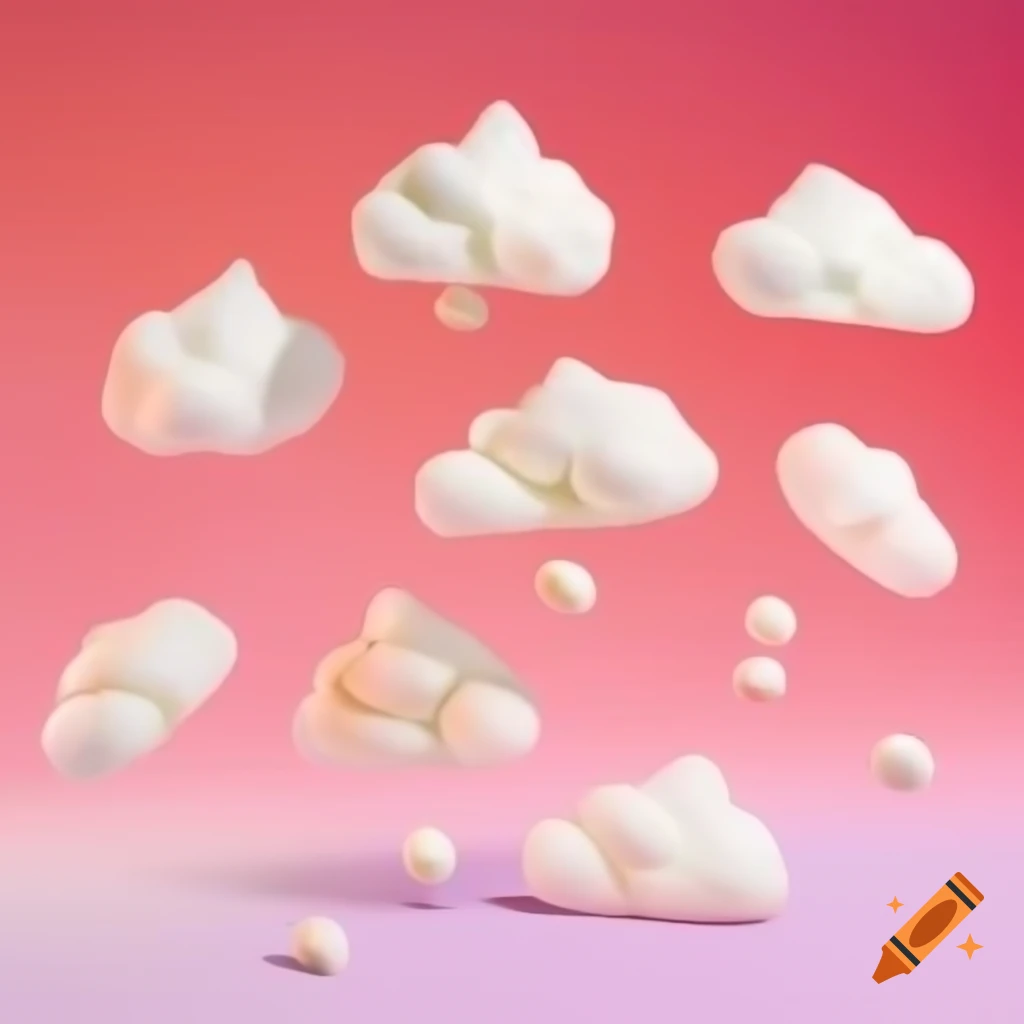 Whimsical fluffy white treats like meringues and marshmallows on pink gradient background