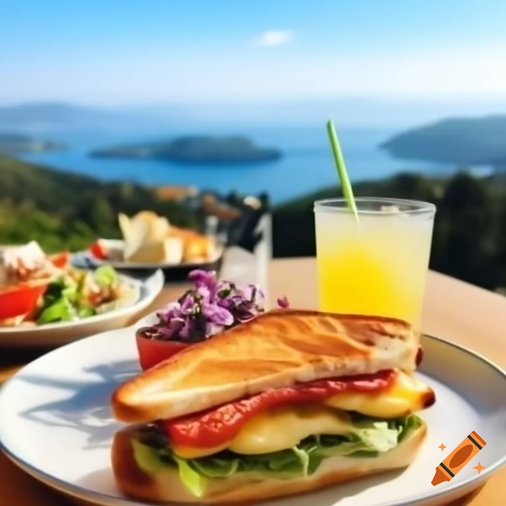 Bacon cheese sandwich with salad and lemonade in hilltop cafe overlooking sunny bay