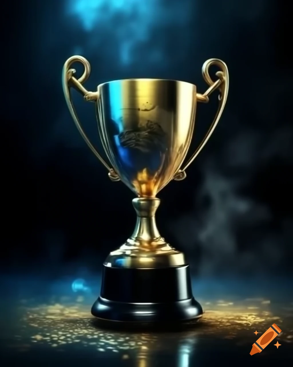 Golden winners cup with blue accents on foggy background