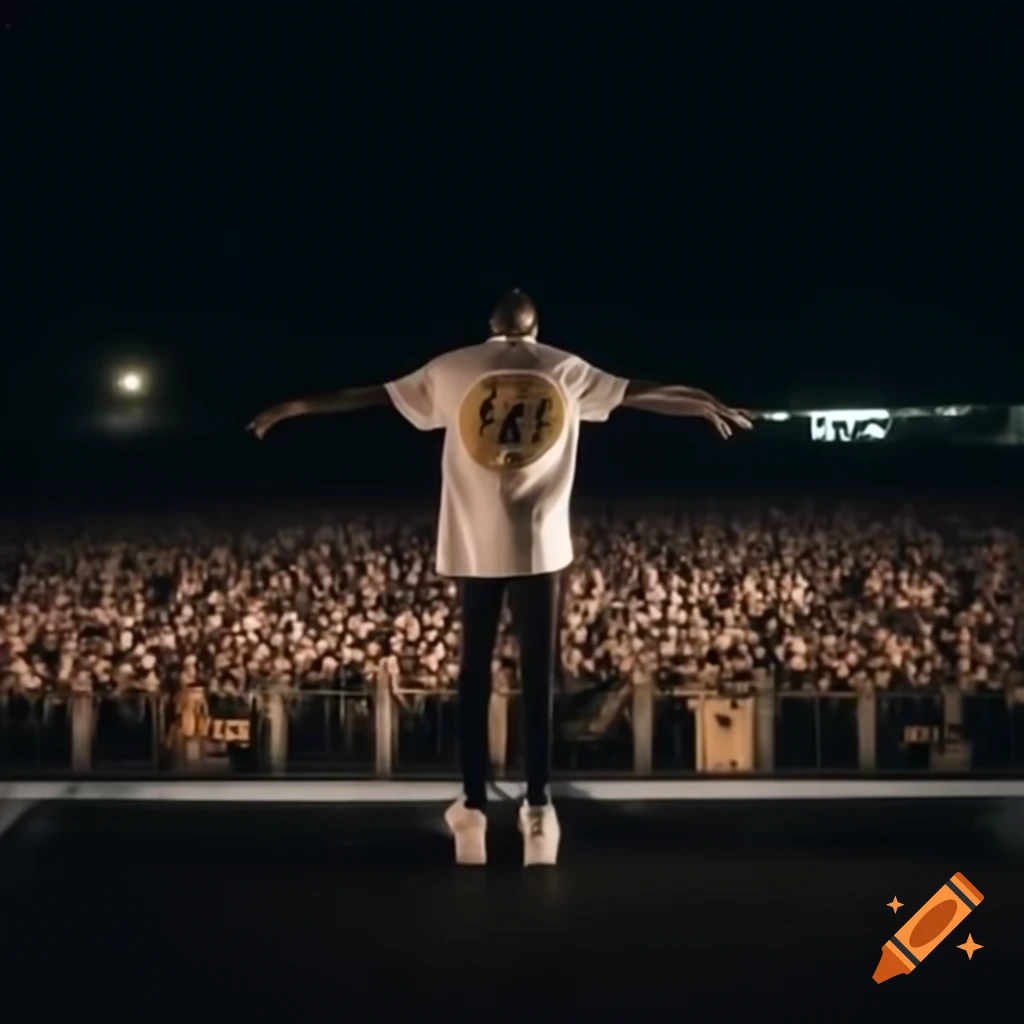 Travis Scott performing at night festival on pier with crowd holding phone lights