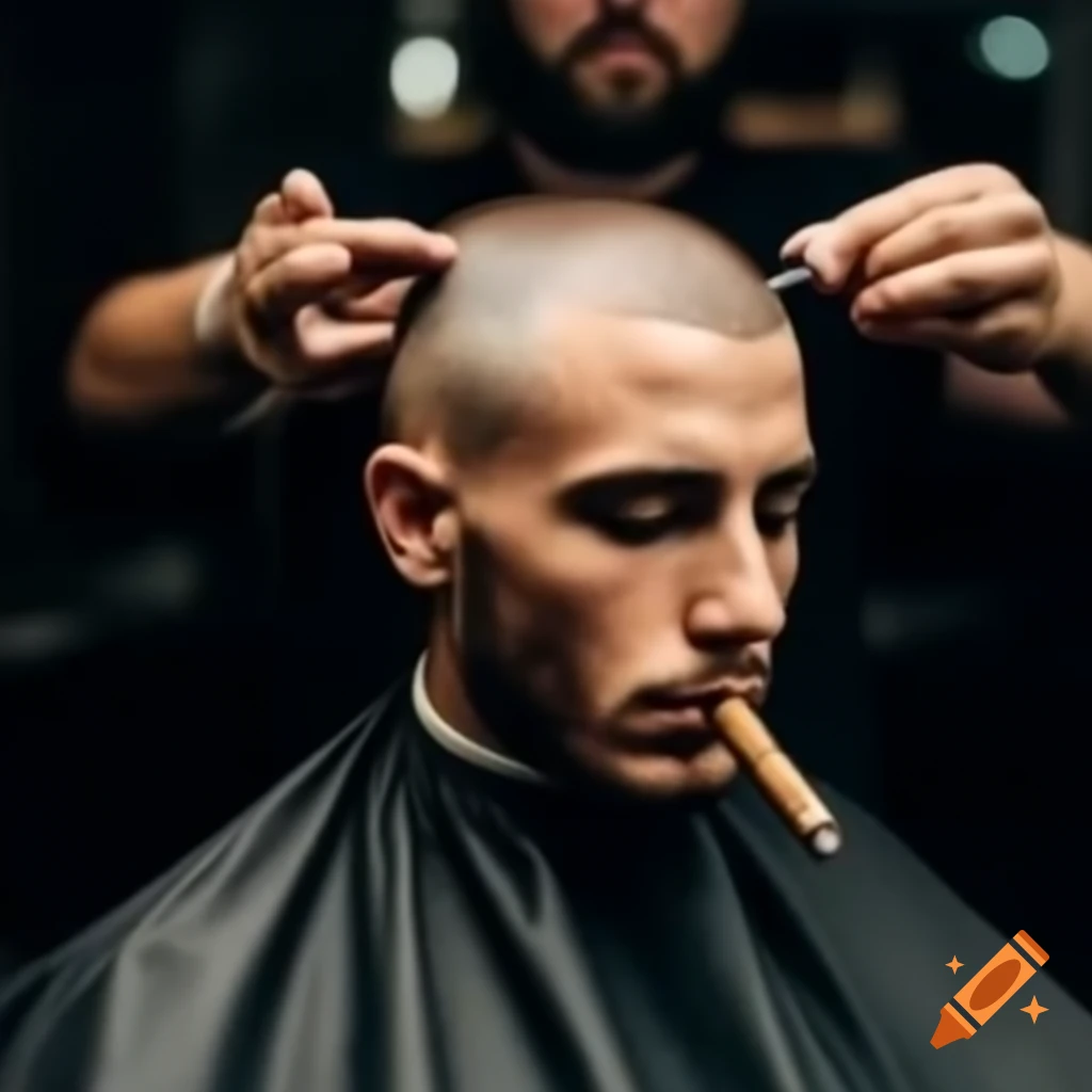 Man getting head shaved at barbershop with barber smoking cigar