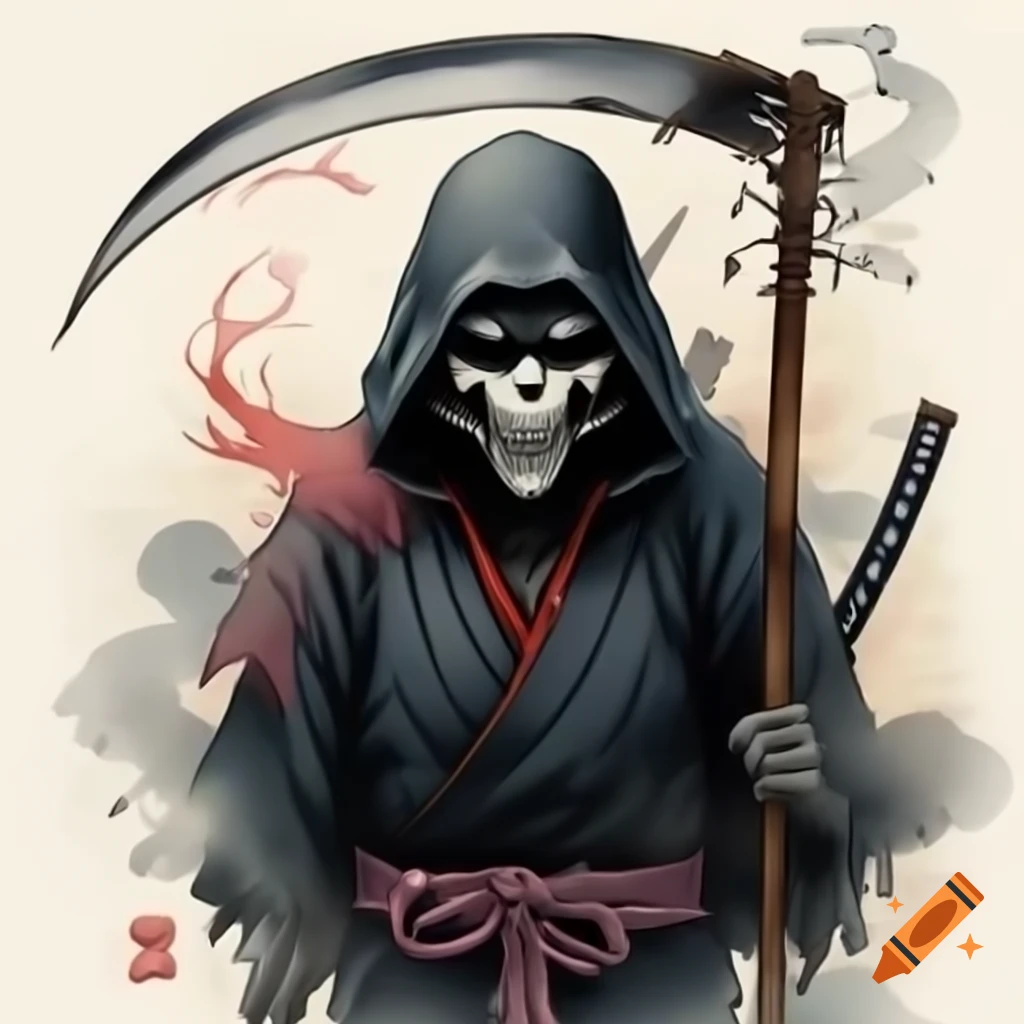 Grim reaper ninja with kama scythe in Hokusai style