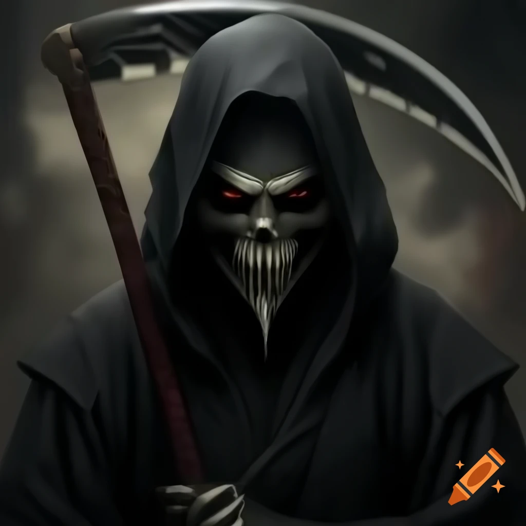 Grim reaper ninja with kama scythe in Hokusai style
