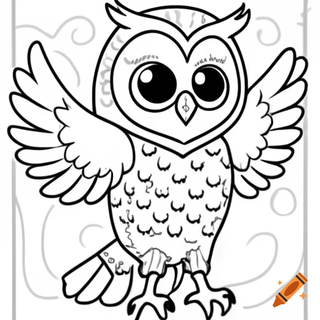 Line drawing of a wise owl with round eyes and feathered wings for coloring