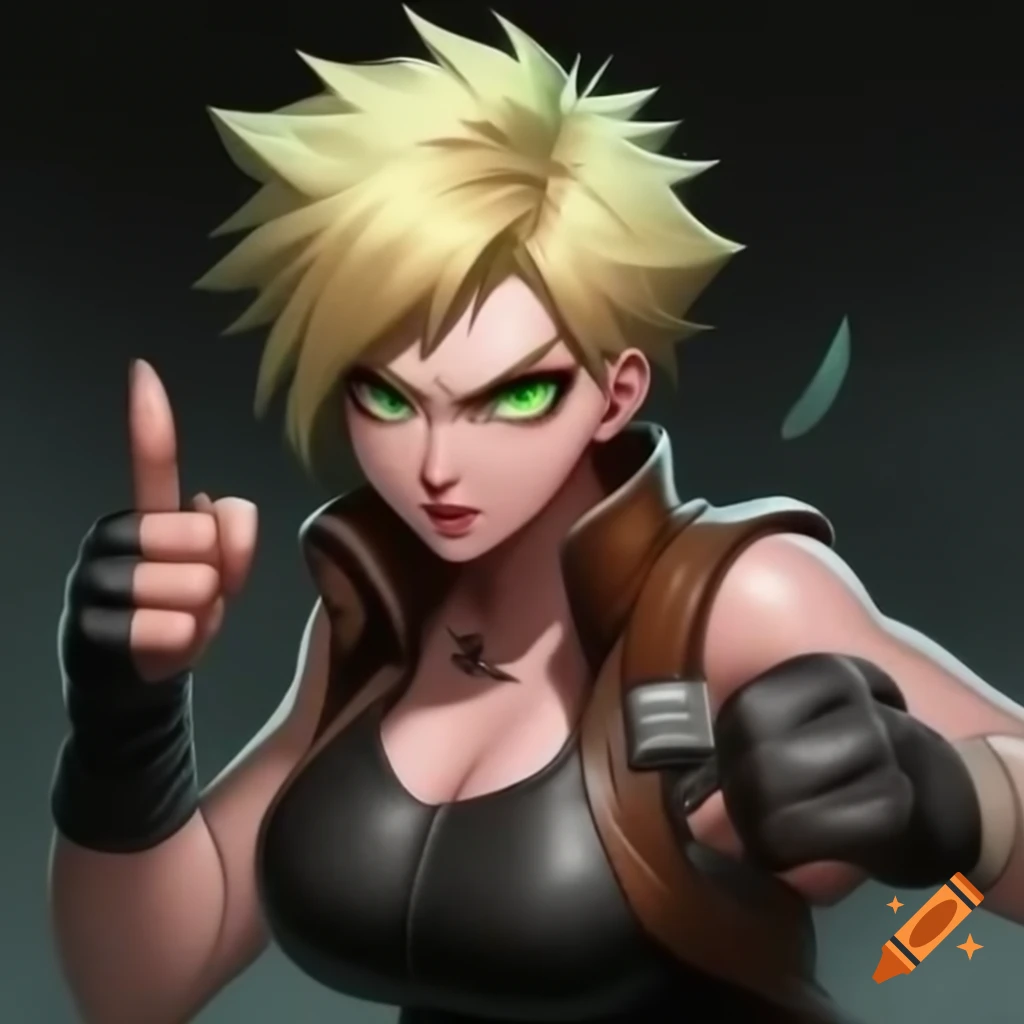 Angry young adult woman with spiky blond hair in leather vest pointing accusatively