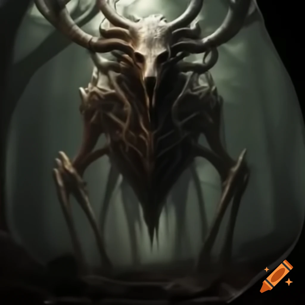 Twisted biomechanical deer in dark forest setting