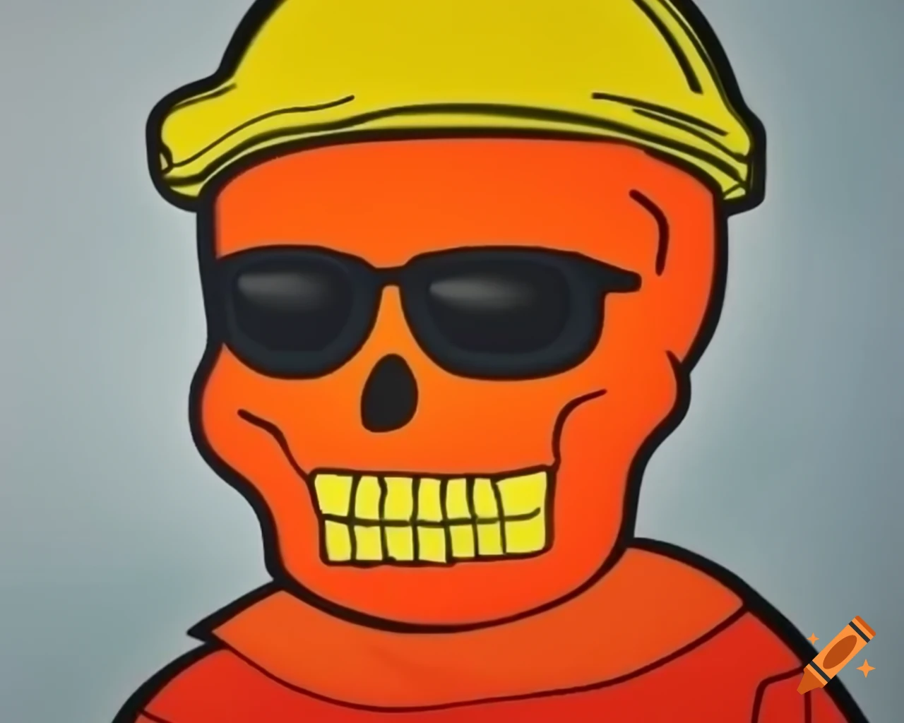 Orange skeleton in yellow hard hat and sunglasses