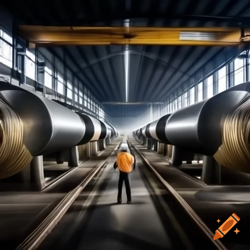 Interior view of industrial steel plant with continuous pickling line and horizontal tanks