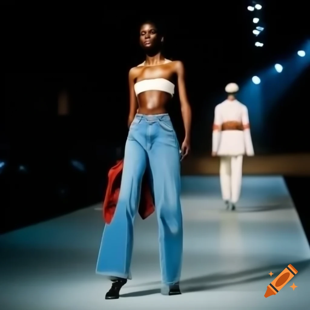 Model in jeans walking on runway as a character
