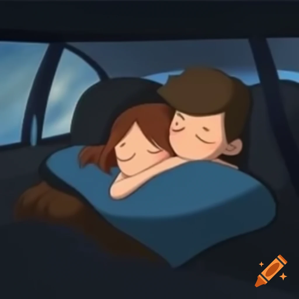 Girl sleeping on a boy's lap in back of car