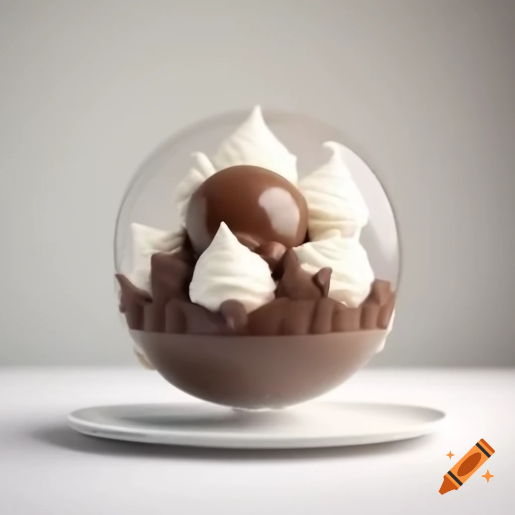 Kawaii 3D chocolate bowl dessert with marshmallow cream and chocolate pearls