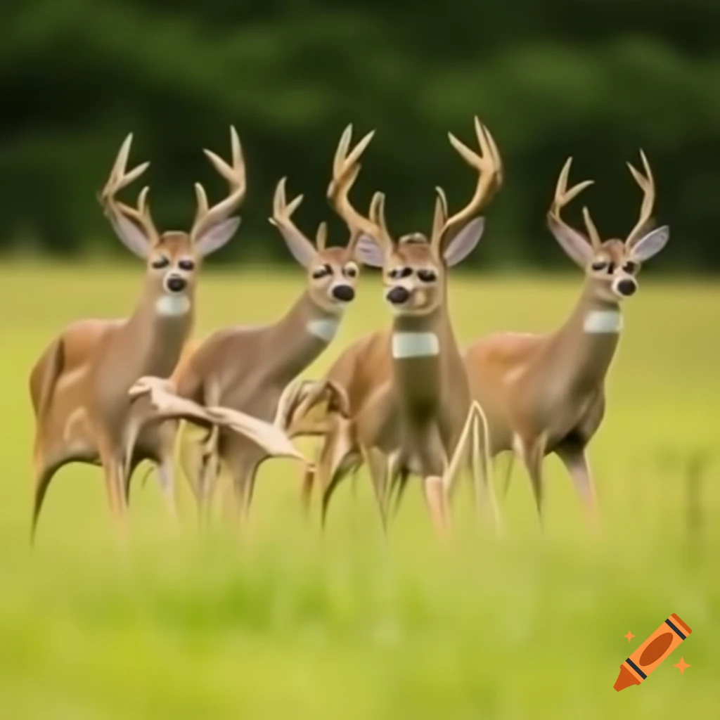Whitetail deer feeding in green meadow on sunny spring afternoon