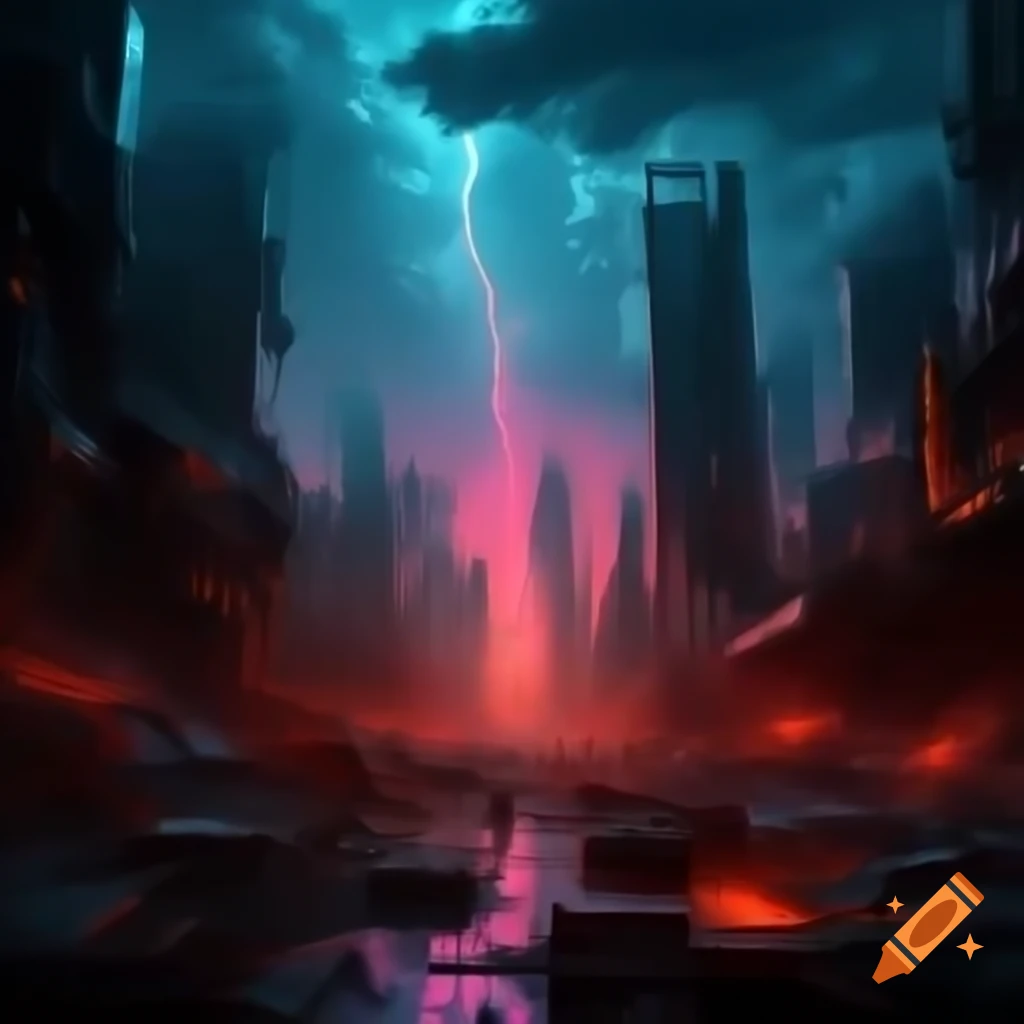 Futuristic dystopian city with destroyed neon blue towers and chaotic atmosphere