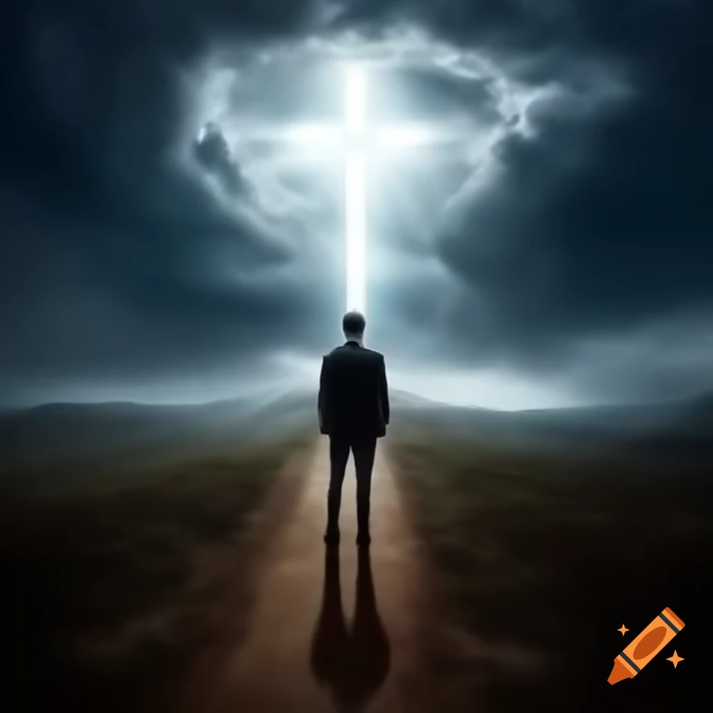 Silhouette of a man at a crossroad to heaven and hell