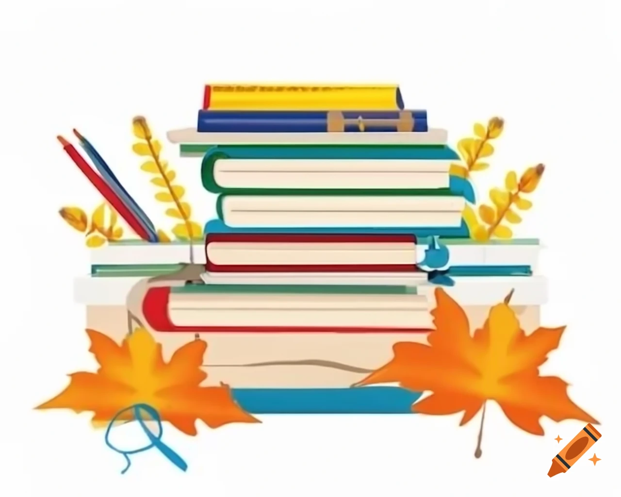 Colorful stack of books and school supplies with autumn leaves