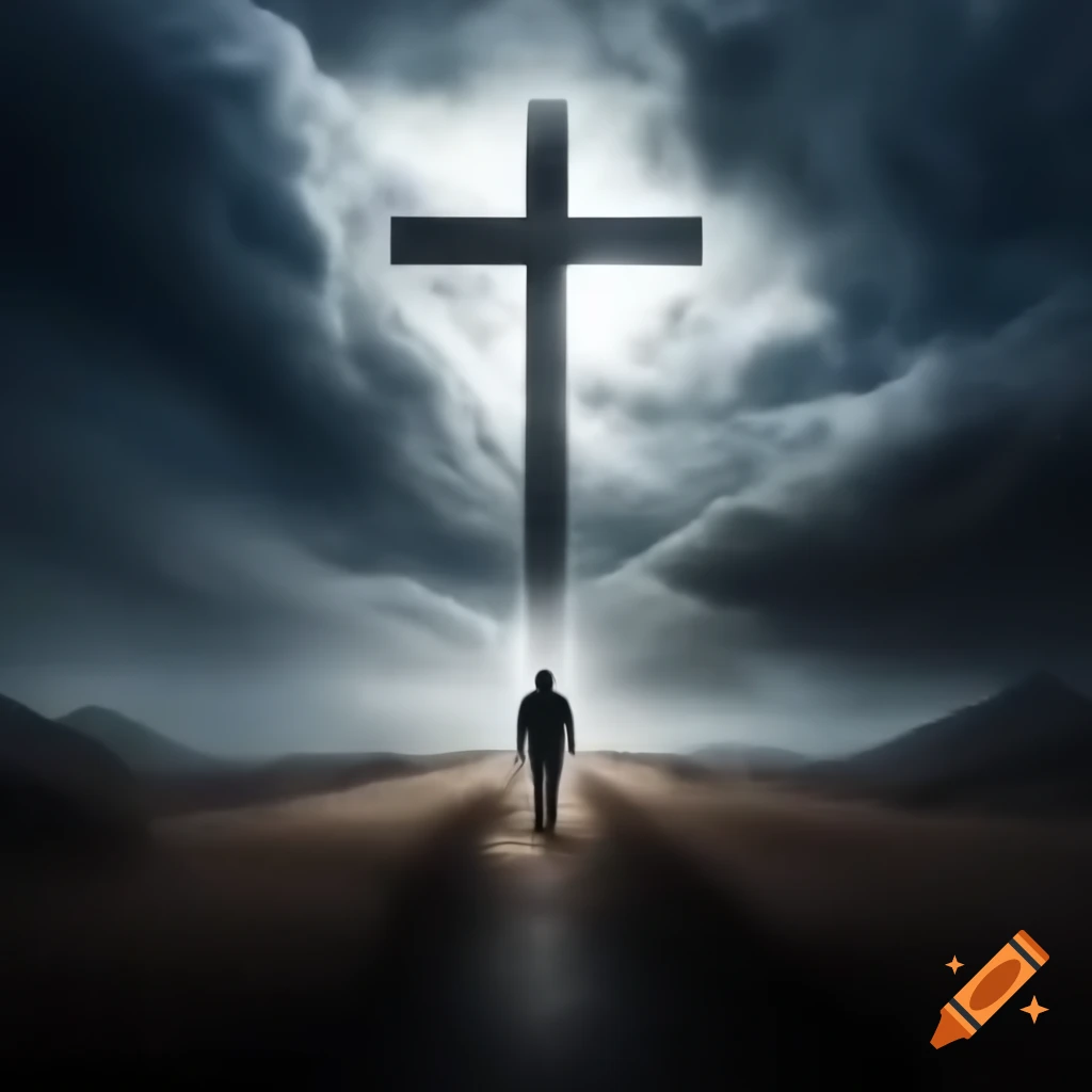 Silhouette of a man at a crossroad to heaven and hell