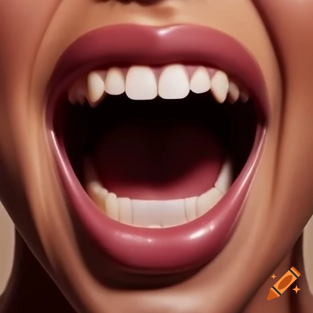 Close up of person screaming with wide open mouth and direct eye contact, hyper-realistic style