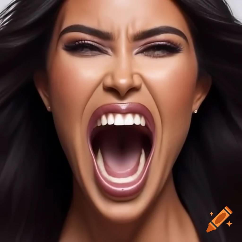 Close up of person screaming with wide open mouth and direct eye contact, hyper-realistic style