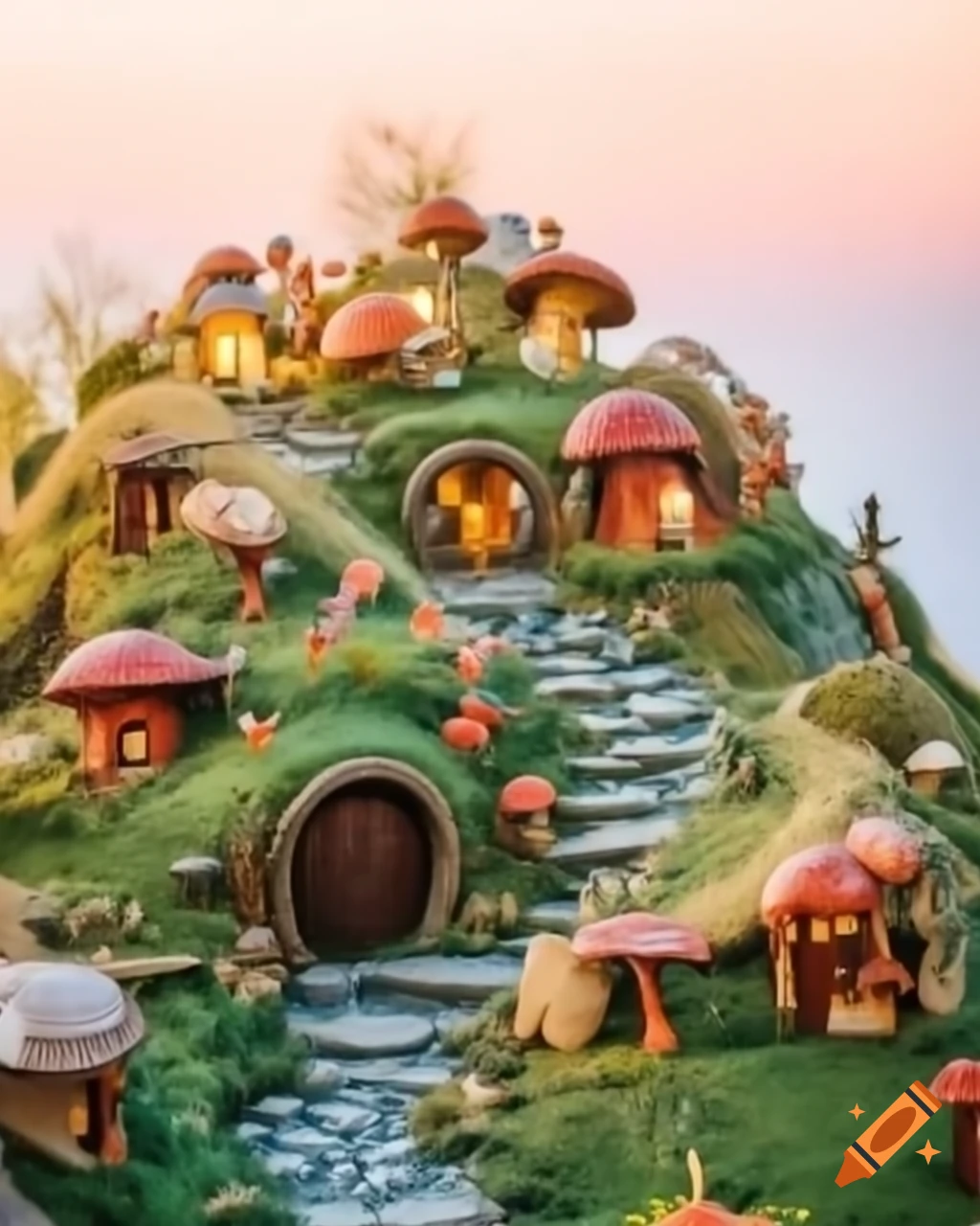 Highly detailed miniature diorama of hillside village with mushroom houses and moss-covered hobbit homes inspired by Santorini
