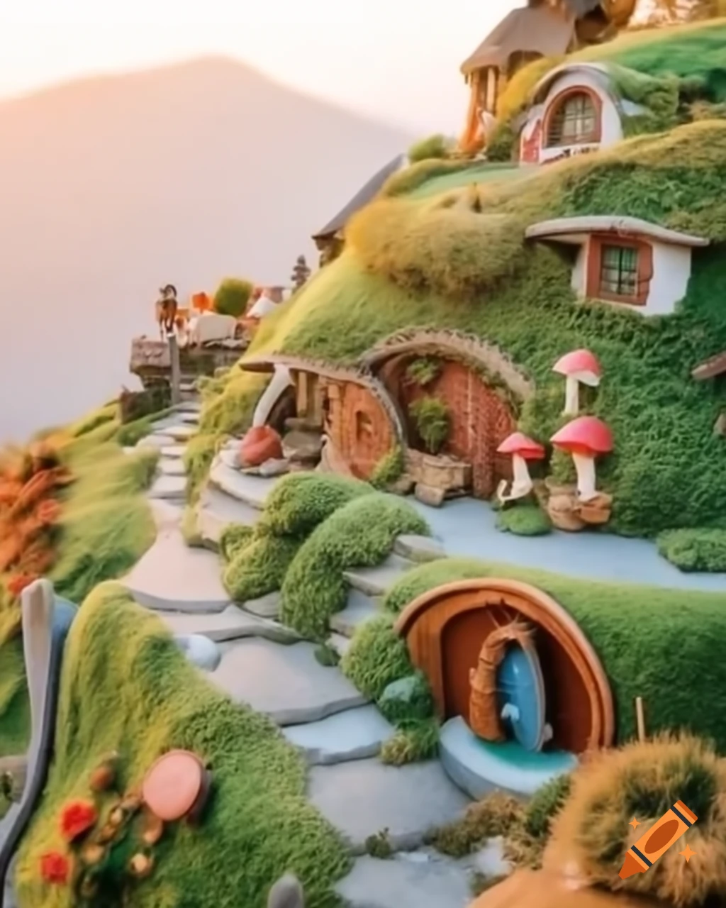 Highly detailed miniature diorama of hillside village with mushroom houses and moss-covered hobbit homes inspired by Santorini