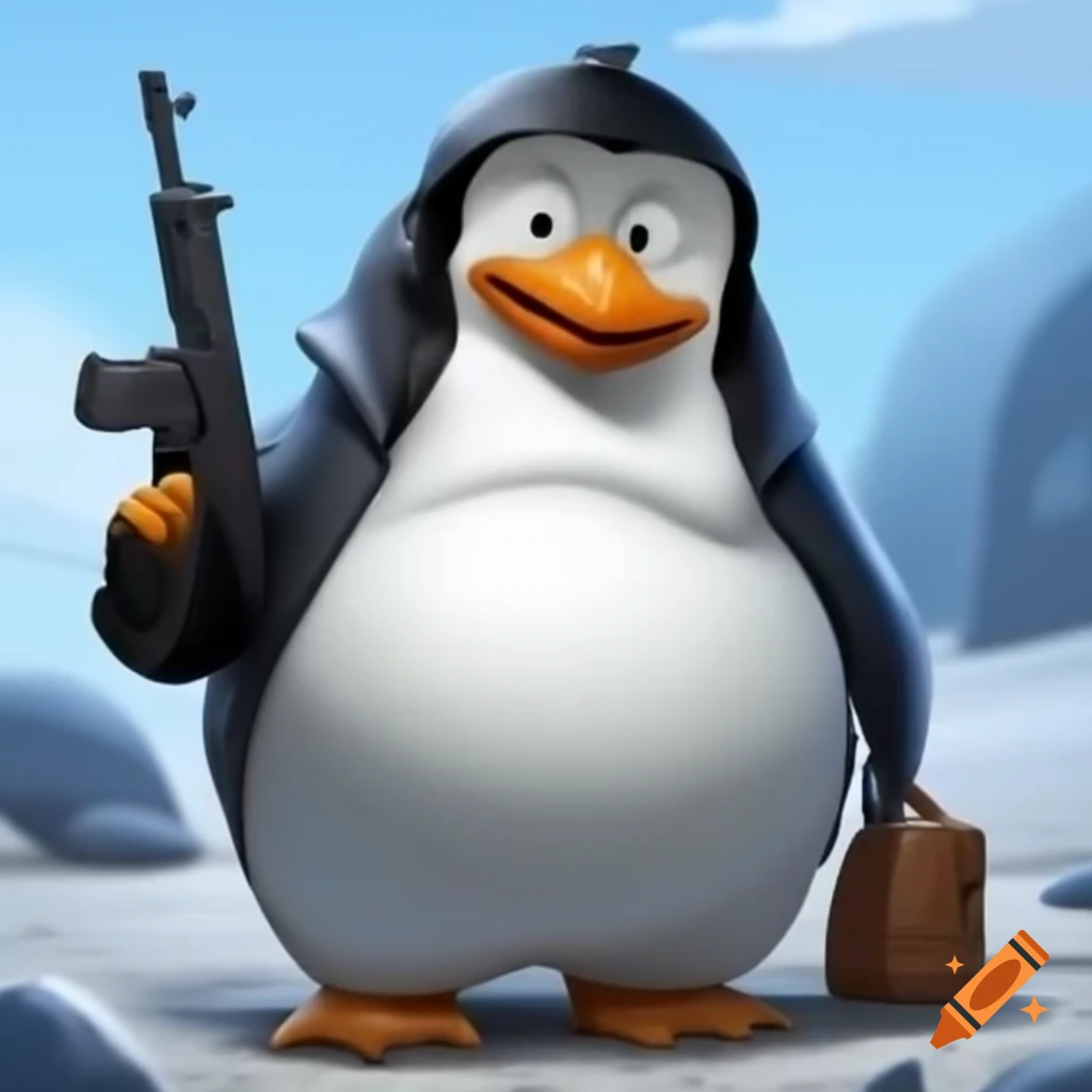 Cute fat penguin holding a pistol